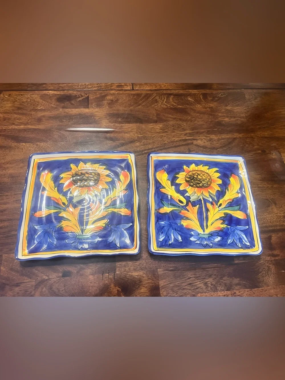 Tuscan Sunflower Dinner Plates Set of 2 10in Square Ceramic Floral Blue Yellow